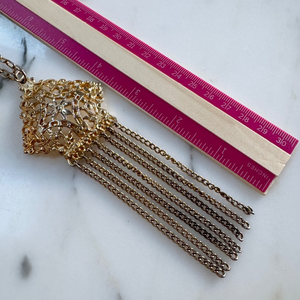 Vintage Boho Style Tassel Statement Necklace Gold Tone Festival Estruscan Mogul - Picture 8 of 9